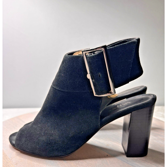 Vanelli Black Suede Peep Toe Block Heel Sandals Buckle Ankle Strap Size 8.5 - Picture 2 of 5